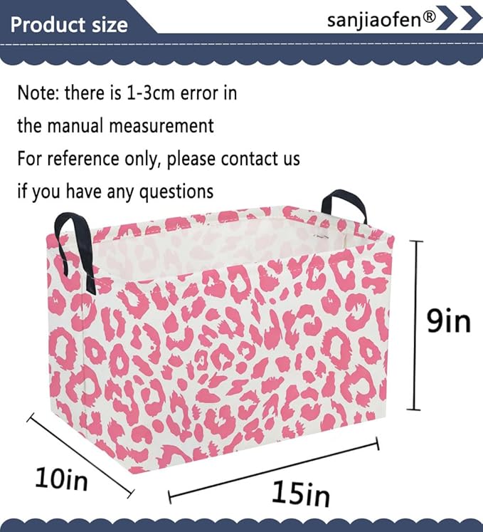 Sanjiaofeng Rectangular Kids Baskets,Leopard Print Basket,Pink Storage Basket with Handles,Waterproof Collapsible Storage Bin for Kids,Kid Room Decor,Books Box,Gift Basket(Leopard Print)