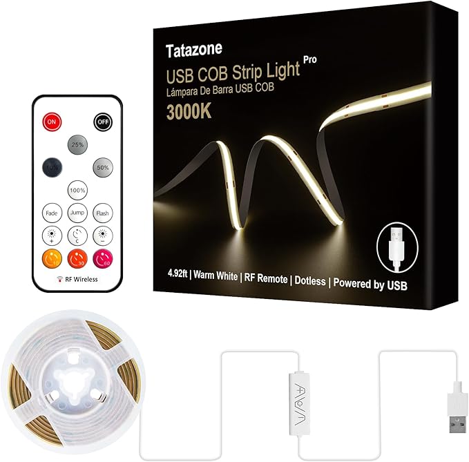 Tatazone 5V USB COB Led Strip Light with RF Remote, 4.92ft 3000K CRI93+ Dimmable USB Powered COB Led Light Strip, Indoor COB Led Light for Cabinet, TV, Camping, Monitor, Showcase, Motorhome