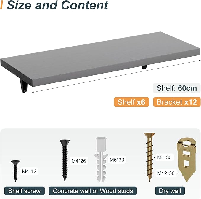 SKYSEN Floating Shelves for Wall Set of 6, 23.6in Wood Wall Shelf for Decor, Bathroom, Bedroom, Storage, Book,Kitchen, Living Room - Grey(fs-60-g)