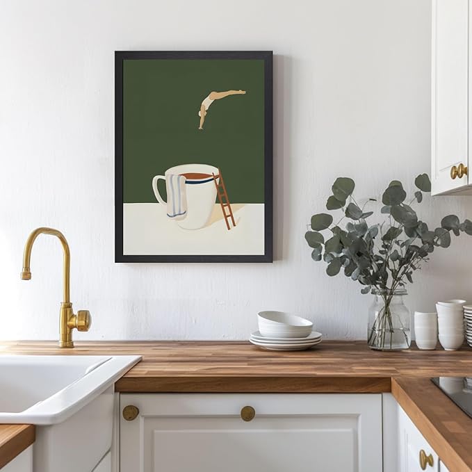 Cyebmo Modern Coffee Wall Art, Funny Diver Wall Decor, Vintage Kitchen Wall Decor, Minimalist Cafe Canvas Painting, Green Abstract Espresso Artwork for Kitchen Cafe Coffee Bar Wood Framed 12x16 Inch