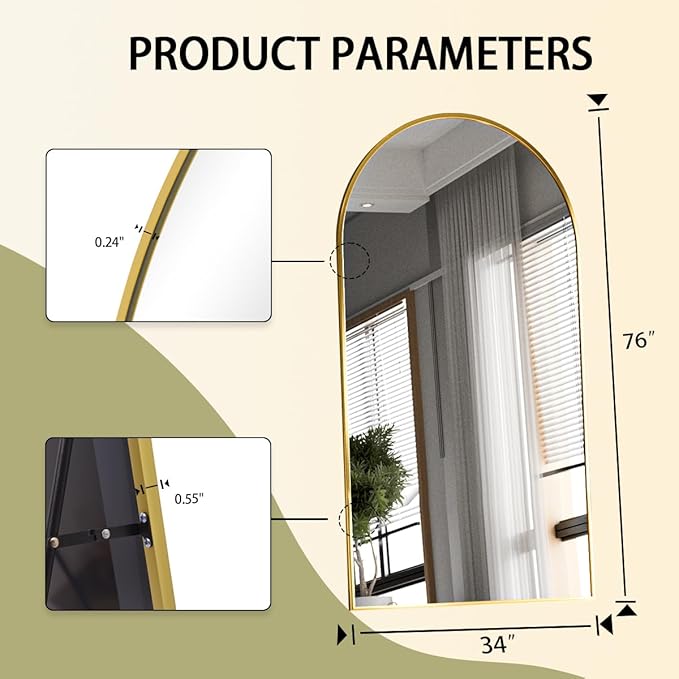 BEAUTYPEAK Arch Mirror Full Length, 76"x34" Wall Mirrors, Oversized Full Body Floor Mirror, Aluminum Alloy Frame for Bedroom, Dressing Room, Gold