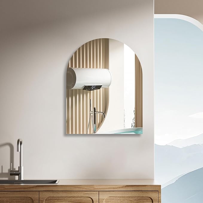 Bathroom Mirror 14 x 12 Inch, Arched Mirror Wall Mounted Frameless Self Adhesive High Clear Glass Mirrors for Firplace,Entryway,Hallway,Restroom,Salon Decor