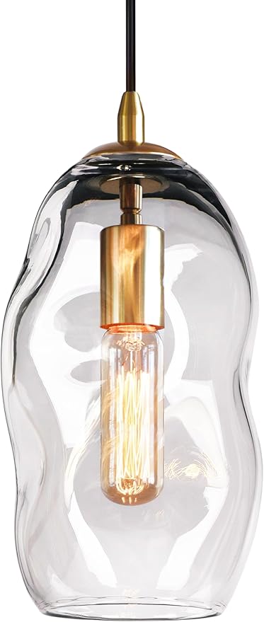 CASAMOTION Large Pendant Lights Modern Kitchen Island Lighting Blown Art Glass Gold and Clear Hanging Light for Dining Table Foyer Bedroom Entryway Hallway Lamp 12" Inch 1 Pack