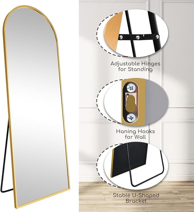 Prywot Arched Floor Mirror, 76 "x 34" Full Length Mirror Wall Mirrors Hanging or Leaning Arched-Top Full Body Mirrors with Stand for Bedroom, Dressing Room, Gold