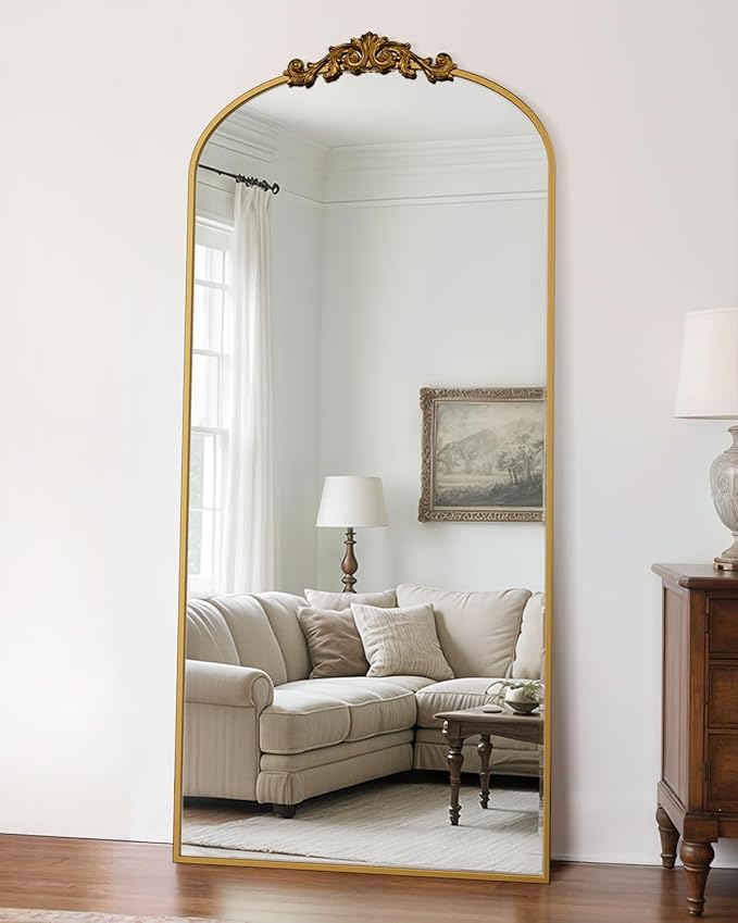 Antok Arched Full Length Mirror, 71"x32" Floor Mirror with Carved, Full Body Mirrors for HomeDecor, Standing/Halling Large Wall Mirror for Bedroom, Living Room, Cloakroom, Gold, Retro Style