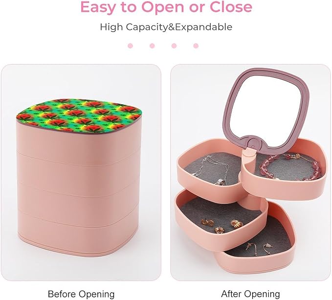 4-Layers Rotating Jewelry Box with Mirror Small Jewelry Storage Box Earring Holder for Bracelets Rings (Rasta Leaf Weedleaf)
