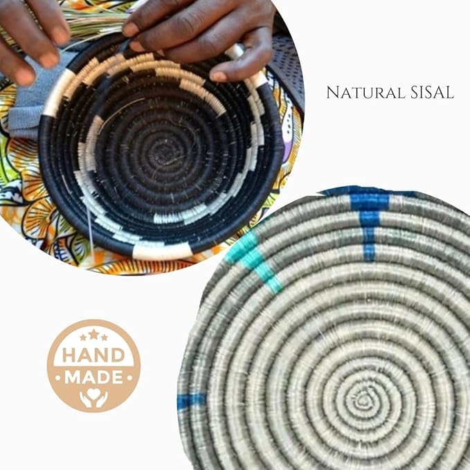 Handwoven African Basket Handmade sisal Fruit Bowl Wall Hanging decorative Baskets for Home Living Room Kitchen Centerpiece Zen Designs Arts and Crafts (Green Black White, 8in diameter)