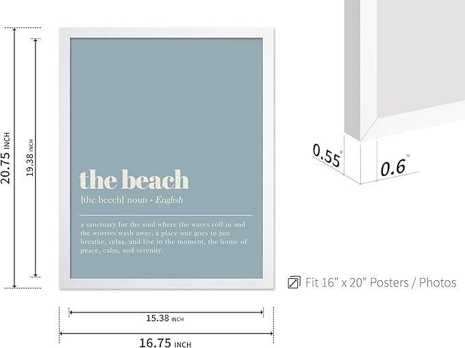 Poster Master Typography Poster - Dictionary Print - Beach Definition, Home of Peace and Calm, Sanctuary, Waves, Soul, Relax - Gift for Family, Friend - Wall Decor for Home, 16x20 White Framed
