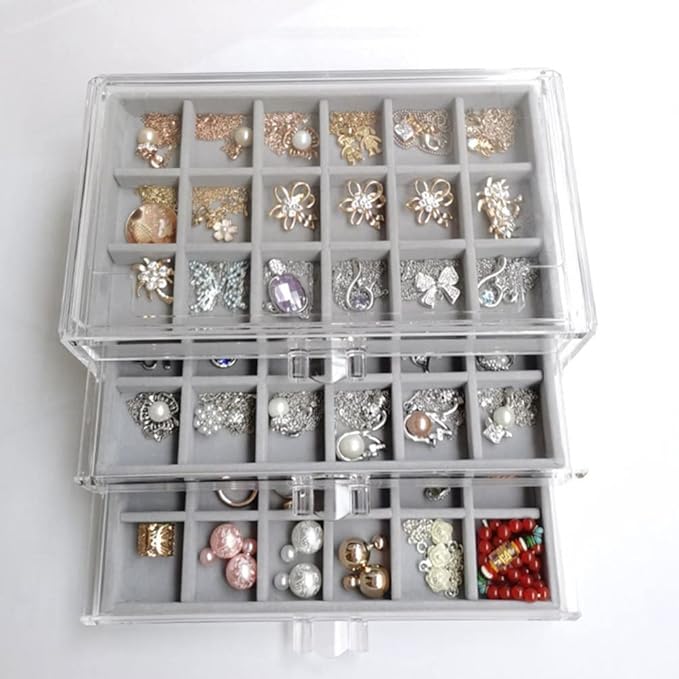 Cabilock Jewelry Storage Case Jewelry Box Organizer Earring Necklace Rings Drawer Organizer Display Holder For Earring Necklace Bracelets Grey Makeup Display Case