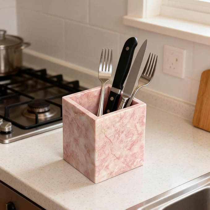 Natural Marble Stone Square Storage Container Empty Vessel Holder Cup for Candle/Pens/Sundries items (Cream Rose)