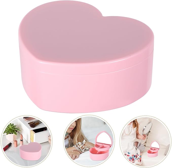 Operitacx Heart Shape Jewelry Box Double-layer Earrings Organizer with Makeup Mirror Pink Jewelry Storage Holder for Desktop Decorative Ring Case