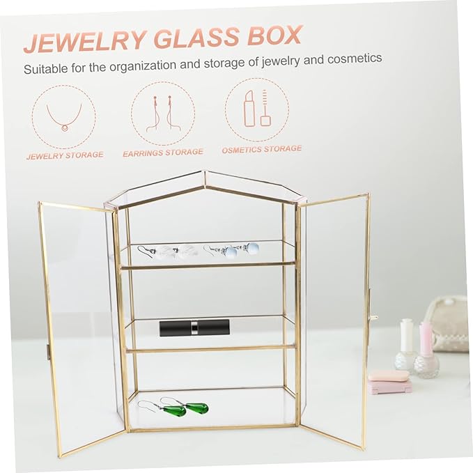 OUNONA 1Pc Glass Jewelry Box Aesthetic Desktop Cosmetics Organizer Durable Household Storage Case for Jewelry and Makeup Compact and Stylish Design