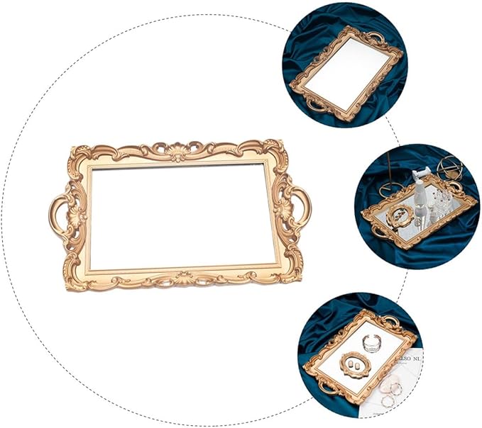 SAFIGLE Vintage European Mirror Tray Golden Storage Plate Cosmetic Makeup Organizer Elegant Household Vanity Display for Perfume Jewelry and Dessert