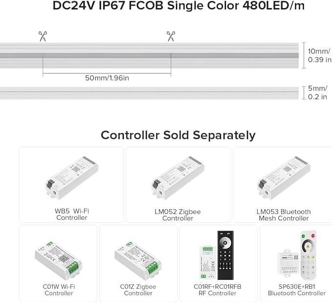 BTF-LIGHTING FCOB COB LED Strip IP67 Waterproof Flexible High Density Uniform Diffused Neon Light 16.4FT DC24V Warm White 3000K 480LED/m CRI 90+ for Indoor Decor(No Adapter or Controller)