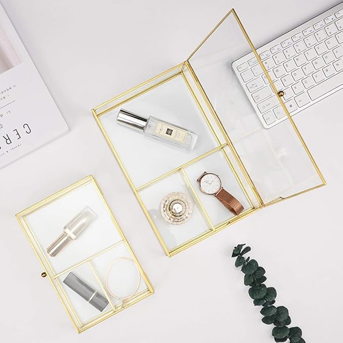 Cosmetic Organizer, Make Up Organizer Glass Compartments Make Up Brush Holder Clarity Cosmetic Box with Lid Jewelry Box for Desk Make Up Holder Kitchen Bathroom, Gold