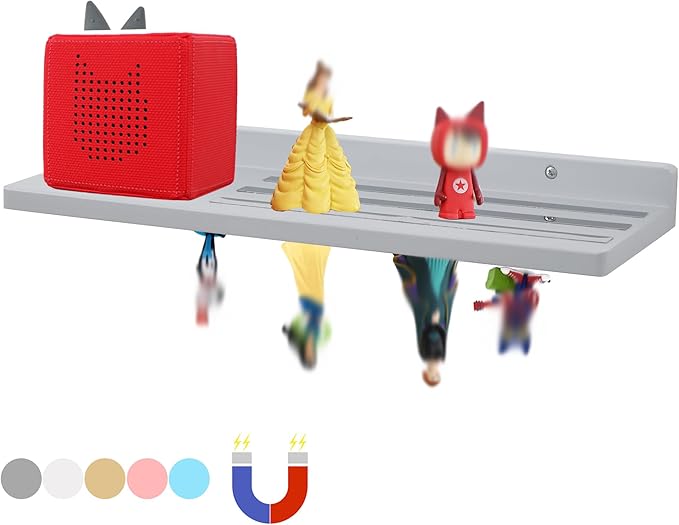 PHOENANCEE for Tonies Shelf Magnetic,for Toniebox Figures Storage Display Shelf (30-36 Character),Wall Floating Shelves Wooden,Compatible Charging Station for Children Kid's Room,Oak,Gray White