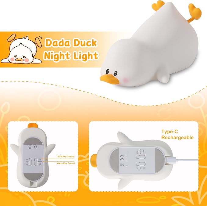 ZKLiLi Night Light for Kids Lamp, 16 Colors Lamp Cute, Dimmable Baby Night Lights for Nursery,Silicone Rechargeable Nightlight for Kids Room, Kawaii Room Decor (Duck)