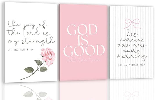 3Pcs Pink Christian Canvas Wall Art Coquette Bow Poster Print Aesthetic Picture Preppy Painting Wall Decor For Girls Bedroom Bathroom or Dorm 12x16in (Stretched Canvas On A Wooden Frame)