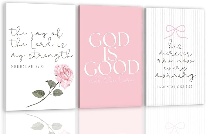 3Pcs Pink Christian Canvas Wall Art Coquette Bow Poster Print Aesthetic Picture Preppy Painting Wall Decor For Girls Bedroom Bathroom or Dorm 16x24in(Stretched Canvas On A Wooden Frame)