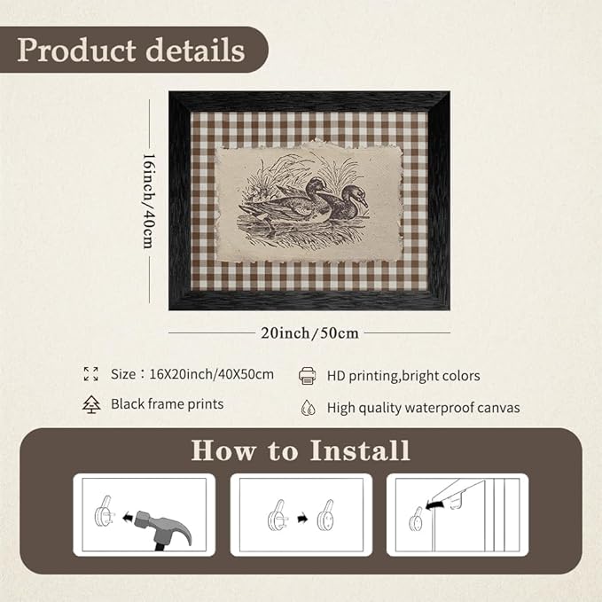 Nature Duck Animal Poster Vintage Brown Gingham Canvas Wall Art Rustic Cottagecore Pond Prints for Country Farmhouse Wall Decor 16X20 inch Black Framed