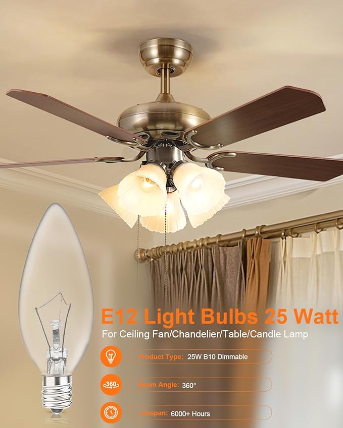 MEQIQTEK E12 Candle Light Bulbs 25W Warm White 2500K, 250Lumen - B10 Clear Candelabra Base Bulbs Dimmable Chandelier Light Bulbs for Ceiling Fan, Pendants or Outdoor (12 Pack)