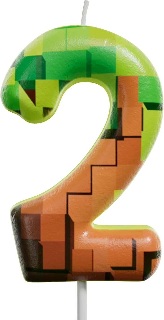 Pixel Miner Number Candle for Birthday Cake - 2.7 Inch Video Game Themed Party Decoration, Dynamite Style Cake Topper for Boys Girls Kids Anniversary Supplies(Retro Art, 2)