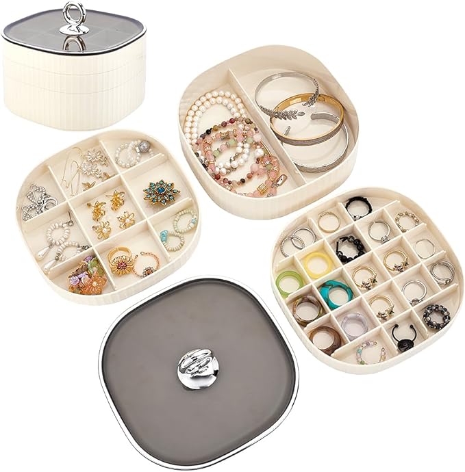 AHANDMAKER Earring Organizer 3-Layer Jewelry Organizer Boxes with Lid Stackable Make up Storage Holder Trinket Box Stylish Multi-Functional Accessory for Earrings Rings Studs Bracelets Necklaces
