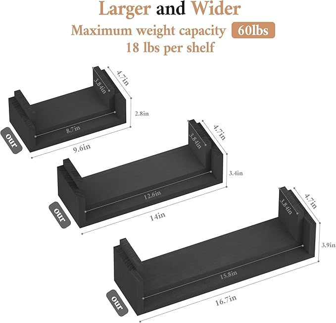 SRIWATANA Floating Shelves Wall Mounted, Solid Wood Wall Shelves, Black