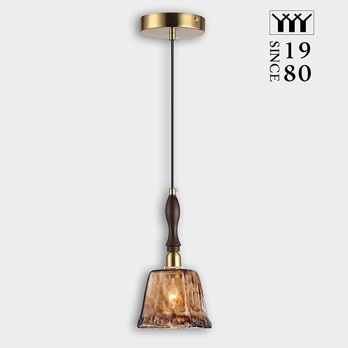 Modern Amber Glass Pendant Light, 4.33"x9.8" Hanging Fixture with Golden Wood Handle & Brass Cap, 15"-72" Adjustable Line, E26 Socket – Golden Amber Square