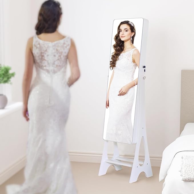 Mirror Jewelry Cabinet Standing, Full Length Mirror Jewelry Armoire Jewelry Organizer Lockable Jewelry Storage for Women Girl Full-Length Frameless LED Lights 6 Drawers Lockable White