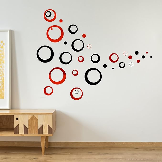 32 Pieces Removable Circle Wall Mirror Sticker Round Decal Acrylic Setting for Home Living Room Bedroom Decor, 1.5-13.5 cm(Red and Black)