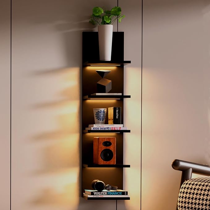 5 Tier Wall Shelves with LED Light, Vertical Column Shelf Floating Storage Home Decor Organizer Tall Tower Design Utility Shelf (Black)