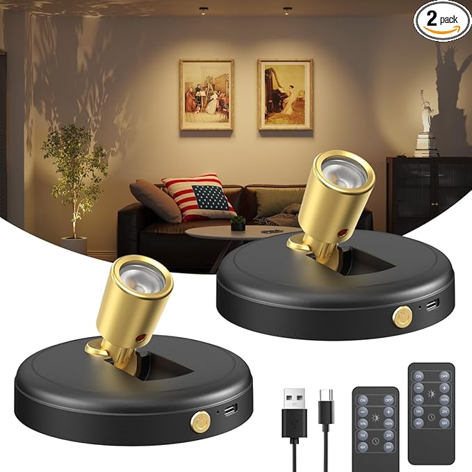 Spot Lights Indoor Led Spotlight: Rechargeable Battery Wireless Up Lights Indoor - Plants Tree Artwork Portrait Picture Display Accent Lighting for Home Decorators Homeowners Art Collectors(2 Pack)