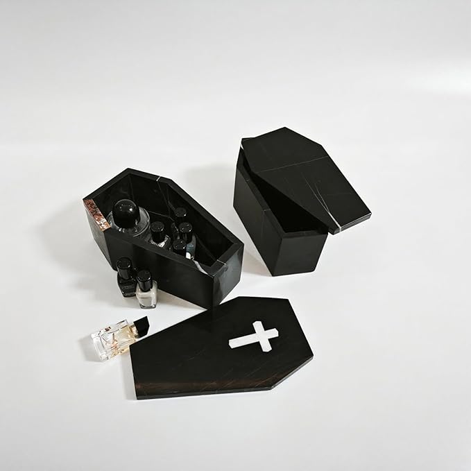 Gothic Coffin Organizer Box with/without Cross, Black Marble Storage Case for Makeup Brushes and Accessories (With Cross)