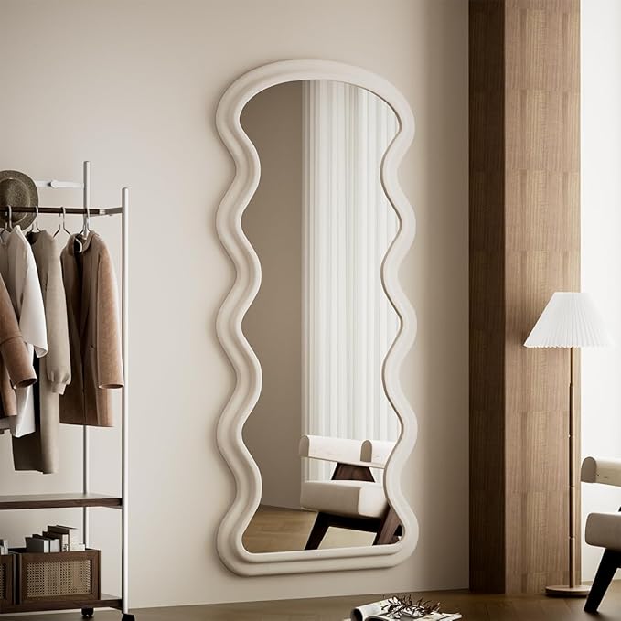 Koonmi 63"x24" Wavy Mirror Full Length, Flannel Floor Mirrors, Irregular Wavy Standing Mirror Wall Mounted with Flannel Wrapped Frame for Bedroom & Living Room, White