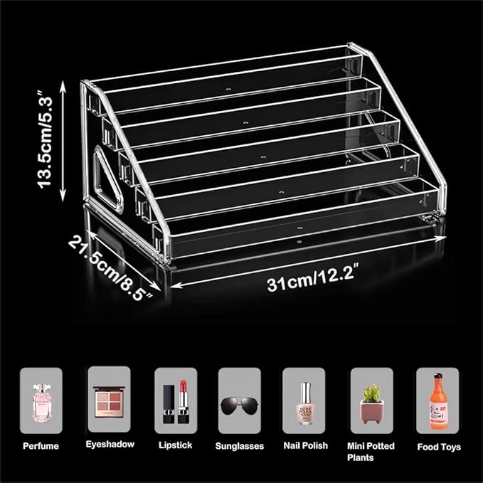 5 Tier Acrylic Display Stand Organiser with Fences, No Assembly Perfume Stand Organiser, Clear Display Shelf for Home, Office, Retail for Funko Figures Toys Cupcake Food, Cologne, Cosmetics, Storage
