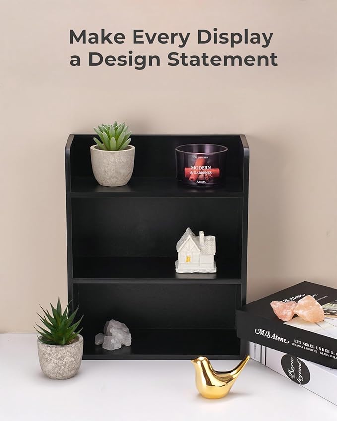 3-Tier Trinket Shelf, Small Display Shelf for Desk or Wall, Wooden Knick-Knack Shelves for Collectibles, Perfume & Crystal Storage, Black