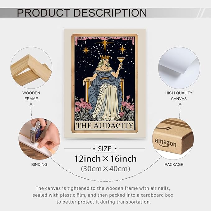 Fun Tarot Canvas Wall Art Feminist Aesthetic Poster Vintage Whimsical Witchy Prints 12X16 inch Framed Trendy Funny Quote Wall Decor for Bedroom Wall Decor