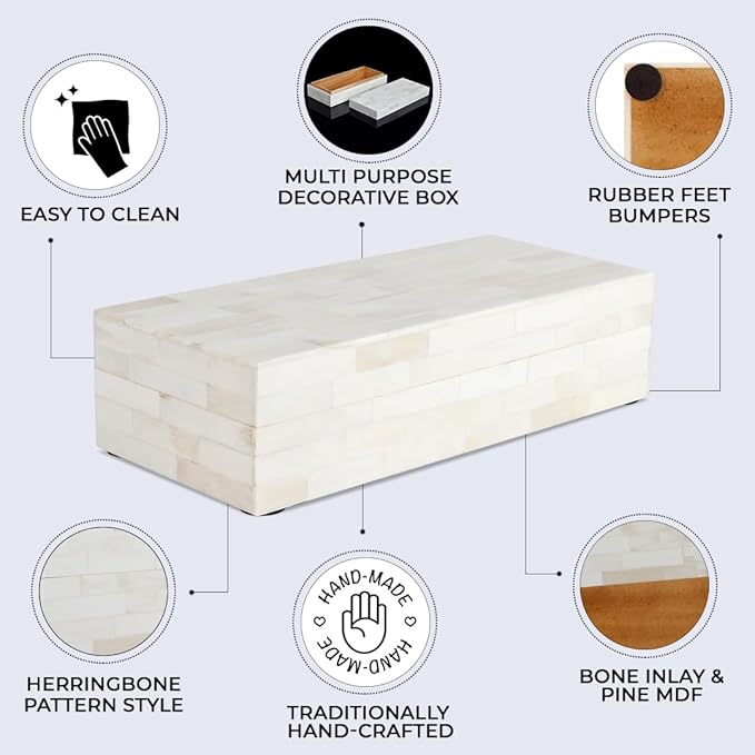 Handicrafts Home Decorative Storage Box with Lid– 10x4.5x2.5” Modern Home Decor Organizer, Memory Box & Jewelry Storage- Decorative Boxes for Living Room & Shelf Decor- Classic Plain- White
