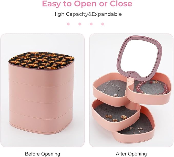 4-Layer Rotating Jewelry Box Mirror Necklace Ring Earring Storage Fire Flame Tiger Small Jewelry Organizer Box