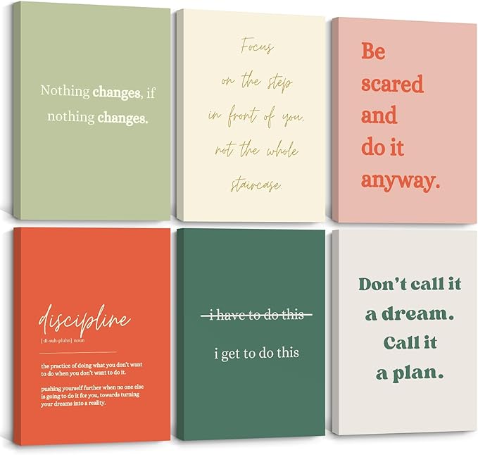 Office Wall Art Motivational Posters Inspirational Quote Canvas Wall Decor Office Positive Pictures Inspirational Classroom Art Motivational Work Prints for Gym Home 8x10 Inch Wrapped Canvas Set of 6