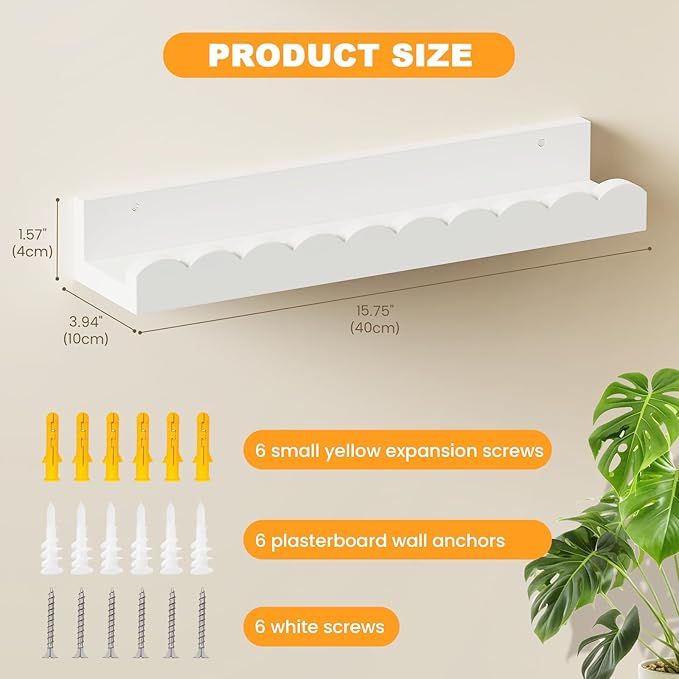 Yirilan 3-Pack Scalloped Shelves, Nursery Shelves for Wall, Floating Nursery Book Shelves for Kids, White