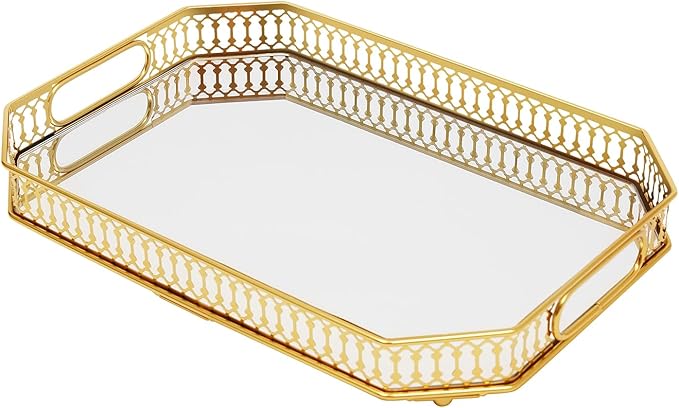 Gold Mirrored Vanity Mirror Tray, 13.8 x 9.8 Decorative Serving Tray, Perfume and Makeup Organizer with Handles for Dresser,Bathroom, Jewelry Display, Decor Home