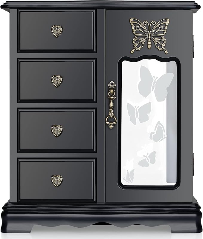 RR ROUND RICH DESIGN Solid Wooden Jewelry Box Makeup and Organizer Women Ring Storage with 4-Drawers Built-in Necklace Carousel and Mirror Black
