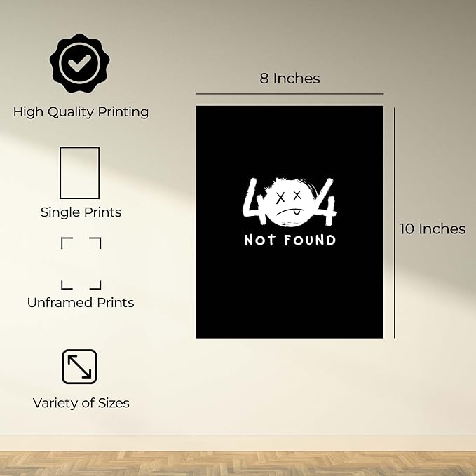 InkFlow Posters Not Found Poster - Minimal Error Face Illustration - Modern Abstract Graphic Design - Trendy Home Wall Decor Accent - Statement Art Print - 8x10 Unframed Canvas Print