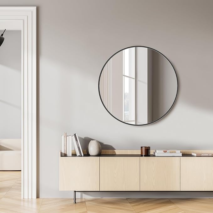 Sweetcrispy 30in Round Bathroom Mirrors for Wall, Bathroom Mirrors for Over Sink, Wall Decor for Bathroom, Entryway, Bedroom, Vanity, Black