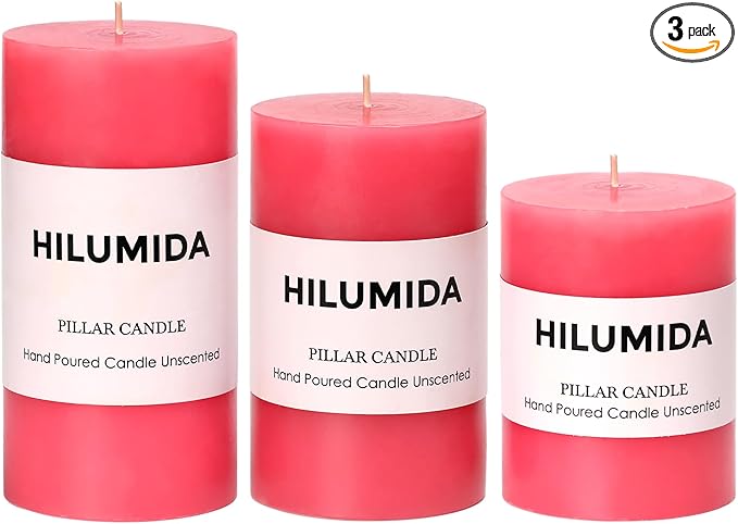 Pink Pillar Candles Set of 3 - Valentines Day Pink Candles Decorations, Hand-Poured Unscented Candle, Smokeless Decorative Candle for Home, Set of 3 in Different Sizes (4", 5", 6")