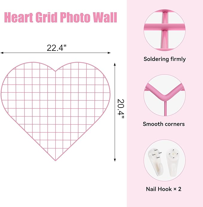 ECLENYES Grid Photo Wall Panels - 22.4"x20.4" Heart Shape Iron Rack Art Wire Board, Wall Grid Organizer, DIY Photo Frame for Home, Office, Kitchen, Bedroom, Christmas Gifts - Pink