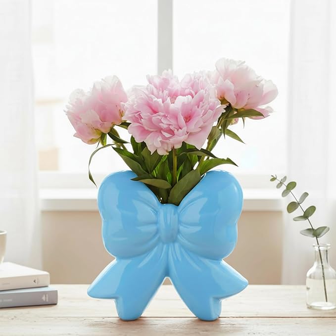 Jingmore Bow Vase Coquette Ceramic Vase Pen Holder Makeup Brush Holder Contemporary Design Decorative Women Gift for Christmas Home Office Shelf Table Room(Blue,Small,Classic)