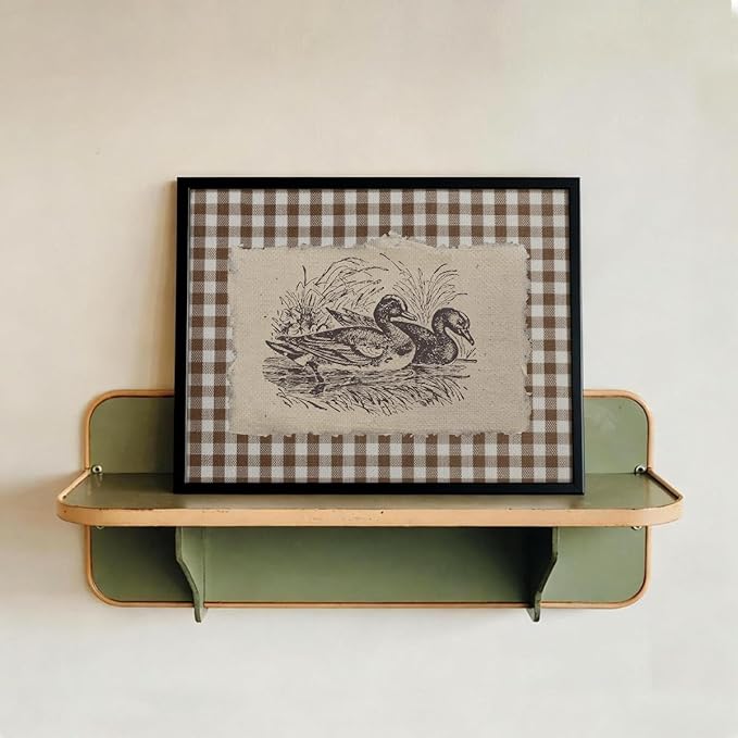 Nature Duck Animal Poster Vintage Brown Gingham Canvas Wall Art Rustic Cottagecore Pond Prints for Country Farmhouse Wall Decor 16X20 inch Aluminum Framed